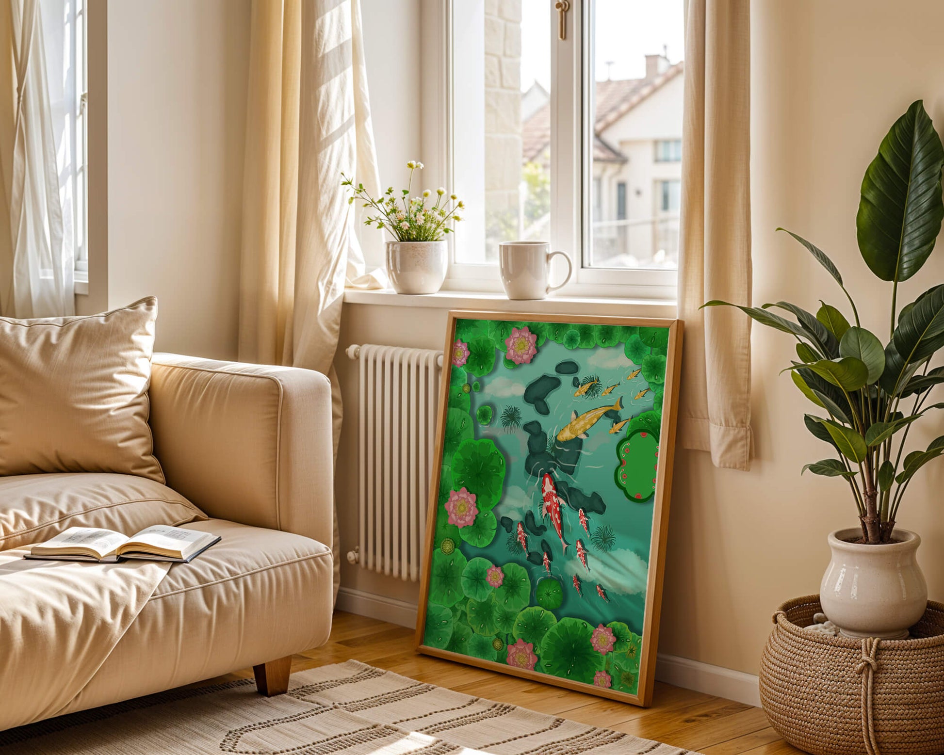 Étang à carpes koï vibrant avec des fleurs de lotus et des nénuphars verts