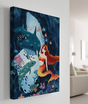 Underwater scene with a mermaid interacting with sea creatures in a vibrant ocean cave