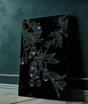Elegante botanische Illustration mit leuchtenden Früchten und Blättern
