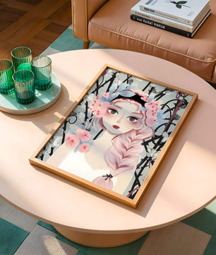 Illustration of a girl with floral headpiece against abstract floral background