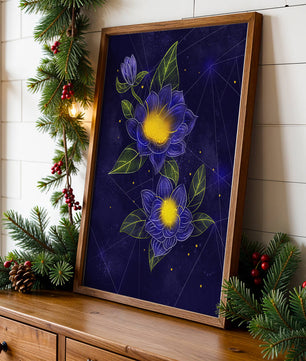Floral Art with Blue and Yellow Lotus Design on Starry Background