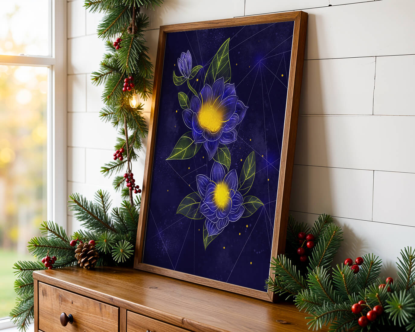 Floral Art with Blue and Yellow Lotus Design on Starry Background