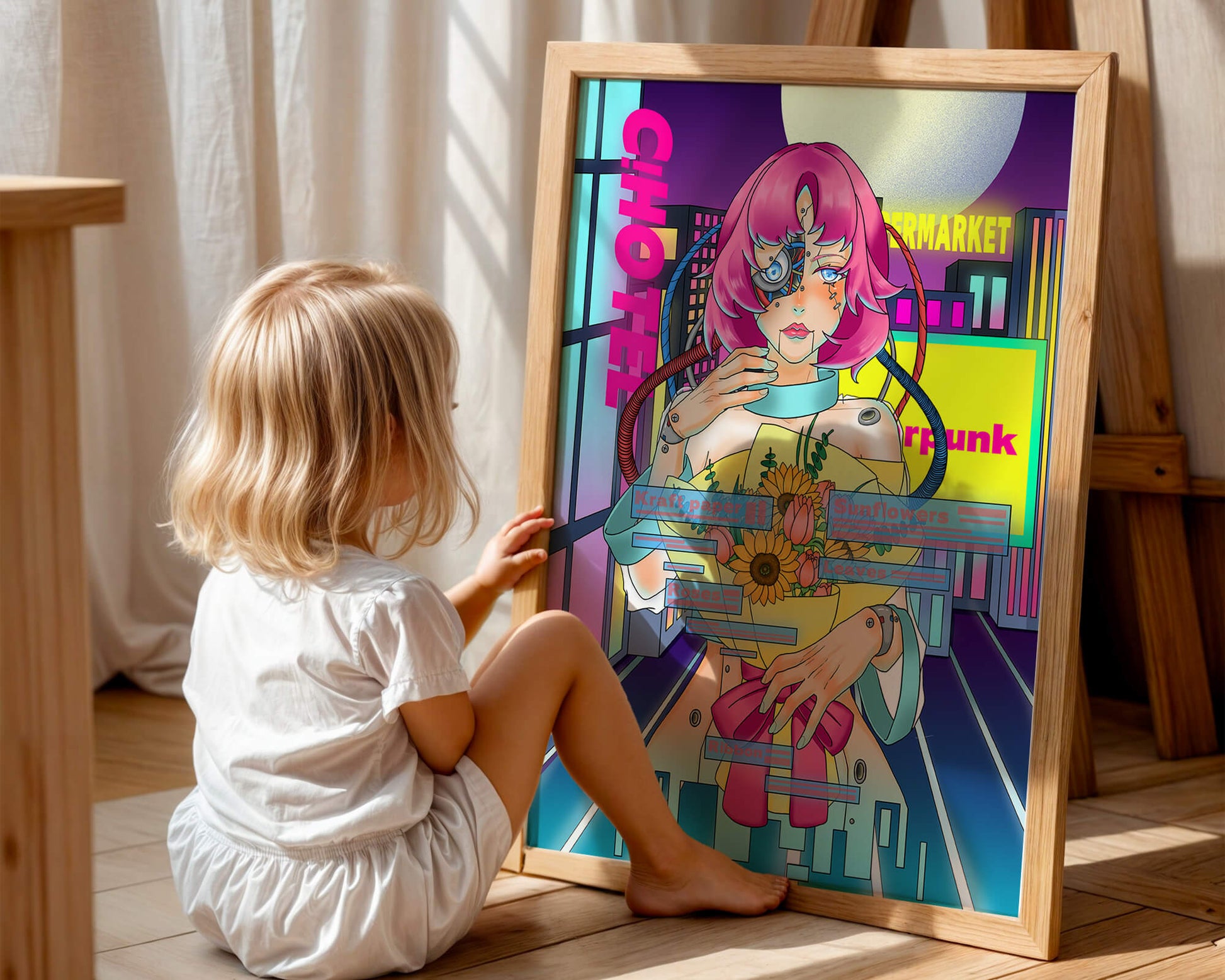 Futuristic cyberpunk woman with a bouquet of flowers in a neon cityscape