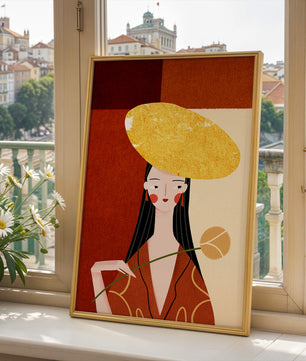 Elegant Woman with a Gold Hat and a Flower on a Red Background - Mi tienda