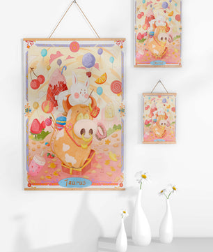 A whimsical Taurus zodiac illustration with playful animals and sweet treats