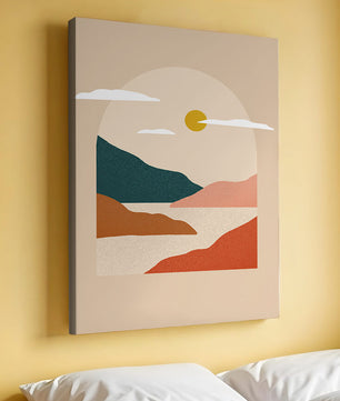 Paysage minimaliste avec montagnes et soleil