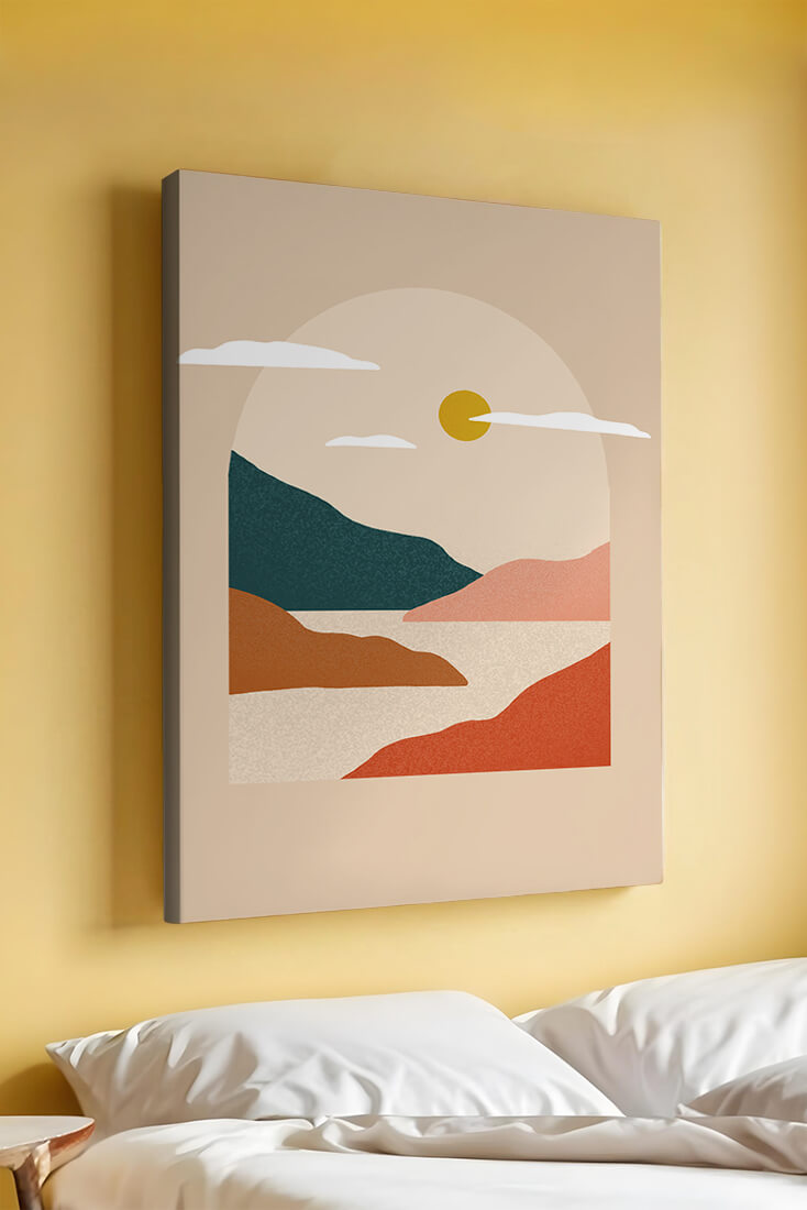 Paysage minimaliste avec montagnes et soleil