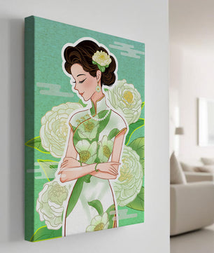 Mujer elegante en vestido tradicional floral con expresión serena