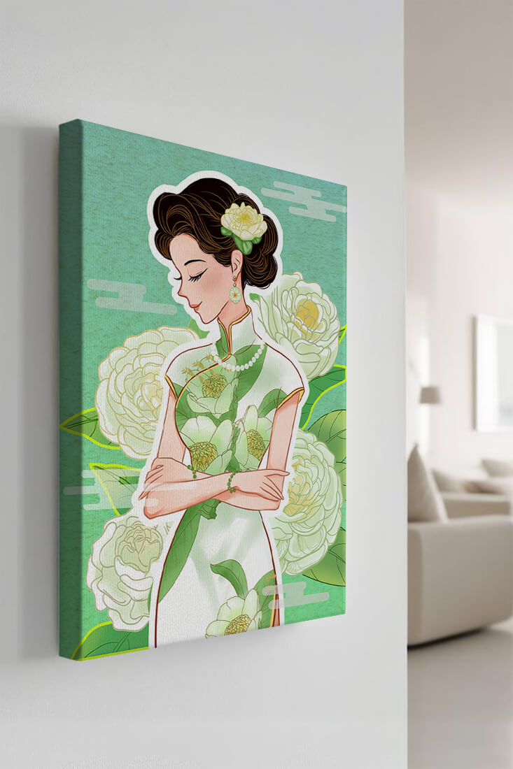 Mujer elegante en vestido tradicional floral con expresión serena