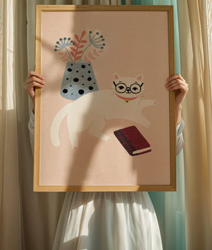 Illustration of playful cat with book and floral vase
