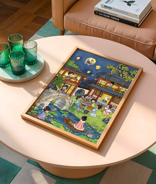 Traditional Chinese Garden Scene with Lanterns and Moon Rabbit