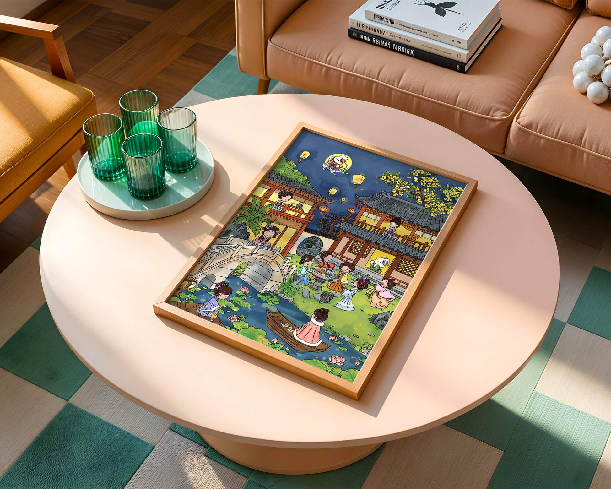 Escena de jardín chino tradicional con linternas y conejo lunar