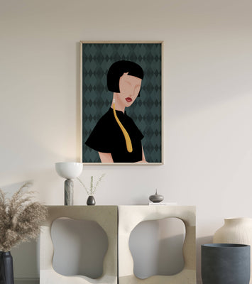 Elegant woman with short hair and golden earring on patterned background
