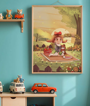 Whimsical picnic scene with a young girl and teddy bear under sunset in vibrant meadow