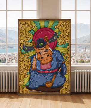 Ilustración colorida de un personaje animal caprichoso con alrededores ornamentados
