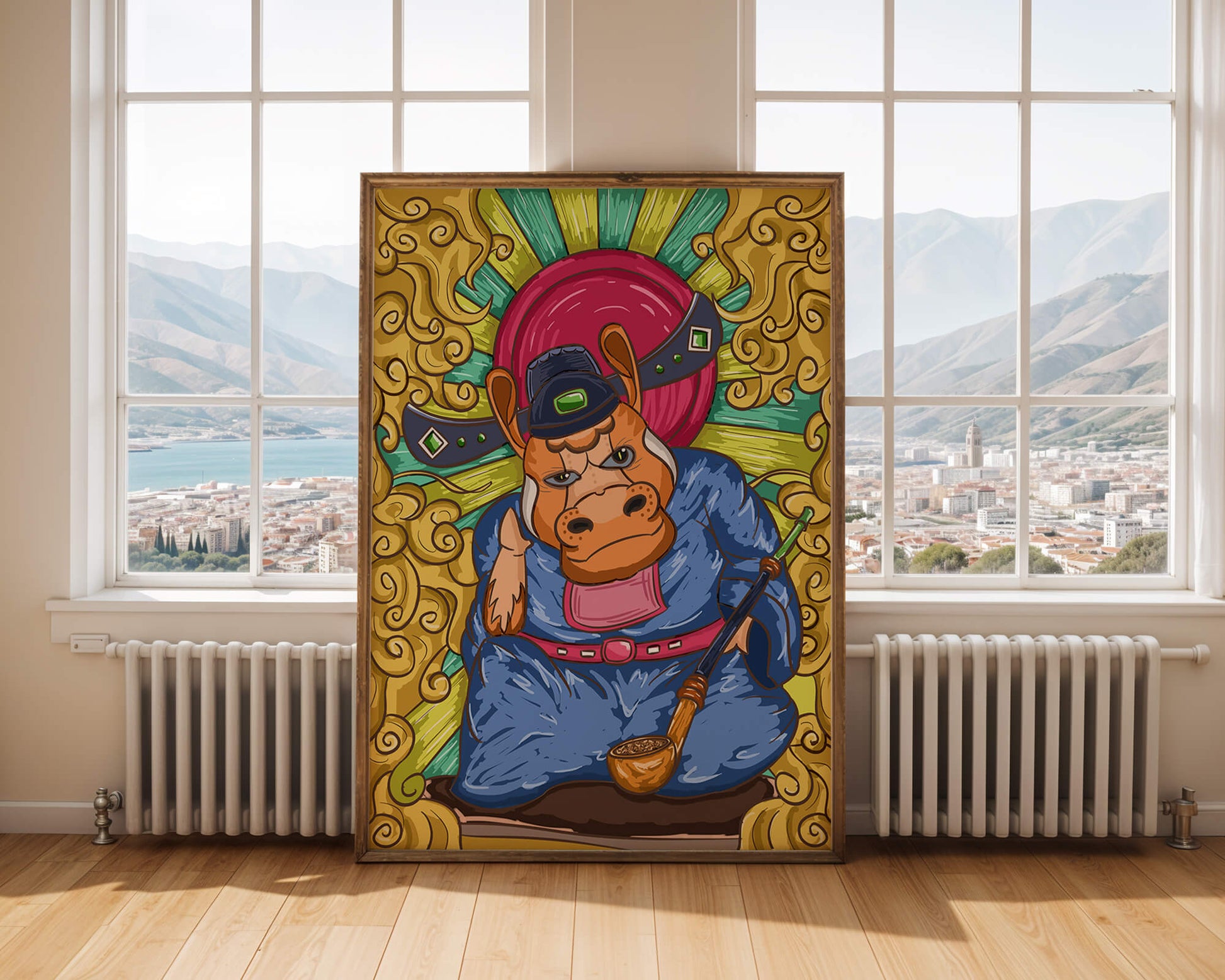Traducción al español: Ilustración colorida de un personaje animal caprichoso con decoraciones ornamentadas a su alrededor.