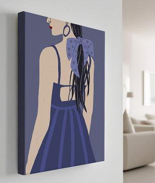 Stilvolle Illustration einer Frau mit gepunkteter Schleife und blauem Kleid