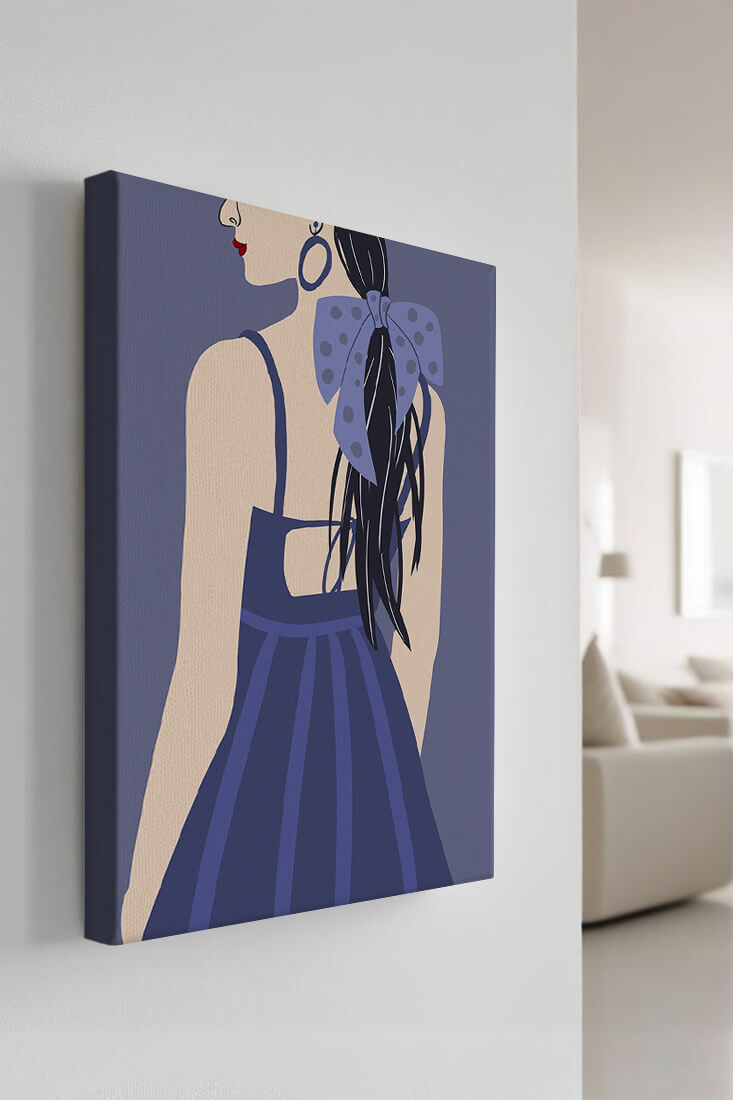 Stilvolle Illustration einer Frau mit gepunkteter Schleife und blauem Kleid