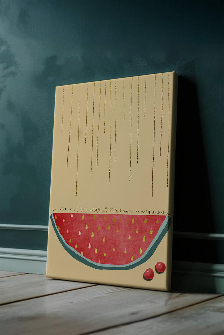 Abstract Watermelon Slice with Gold Accents on Minimalist Background