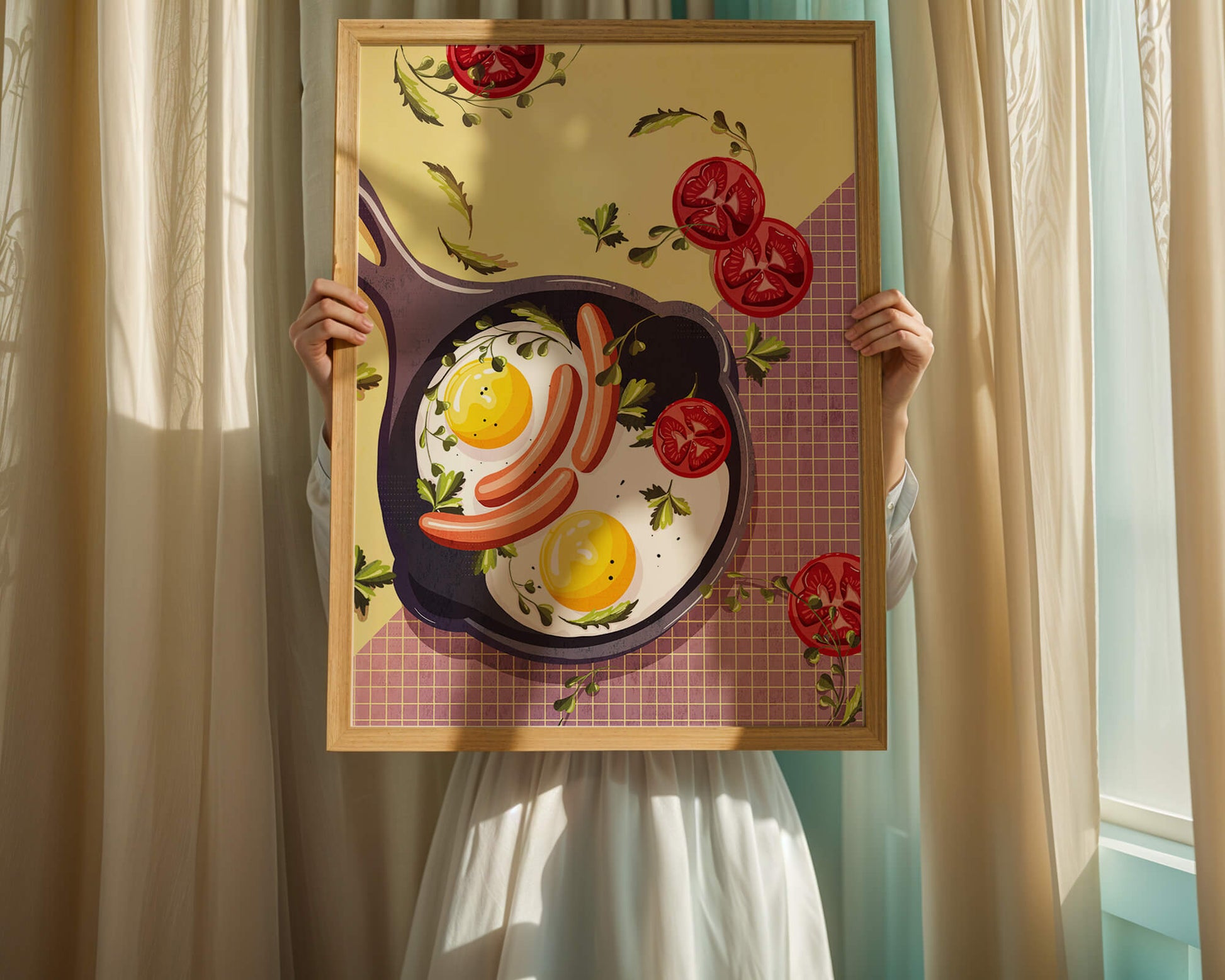 Fried Eggs and Sausages in Pan with Tomatoes and Herbs on Colorful Background