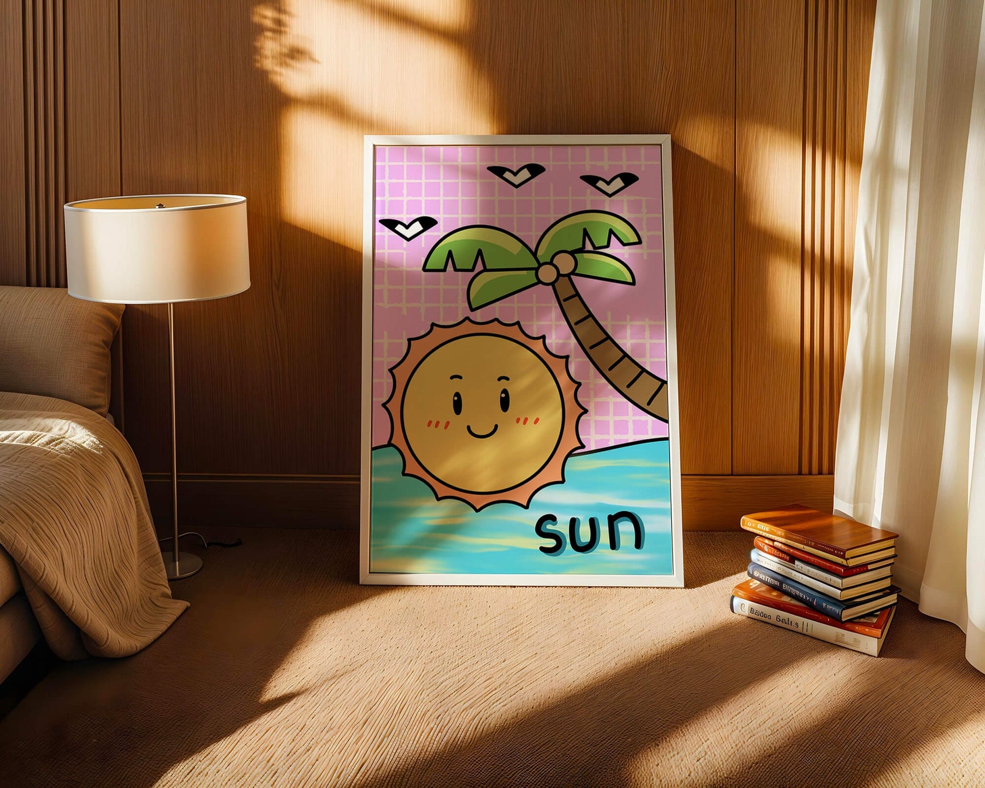 Cartoon sun with palm tree and ocean scene