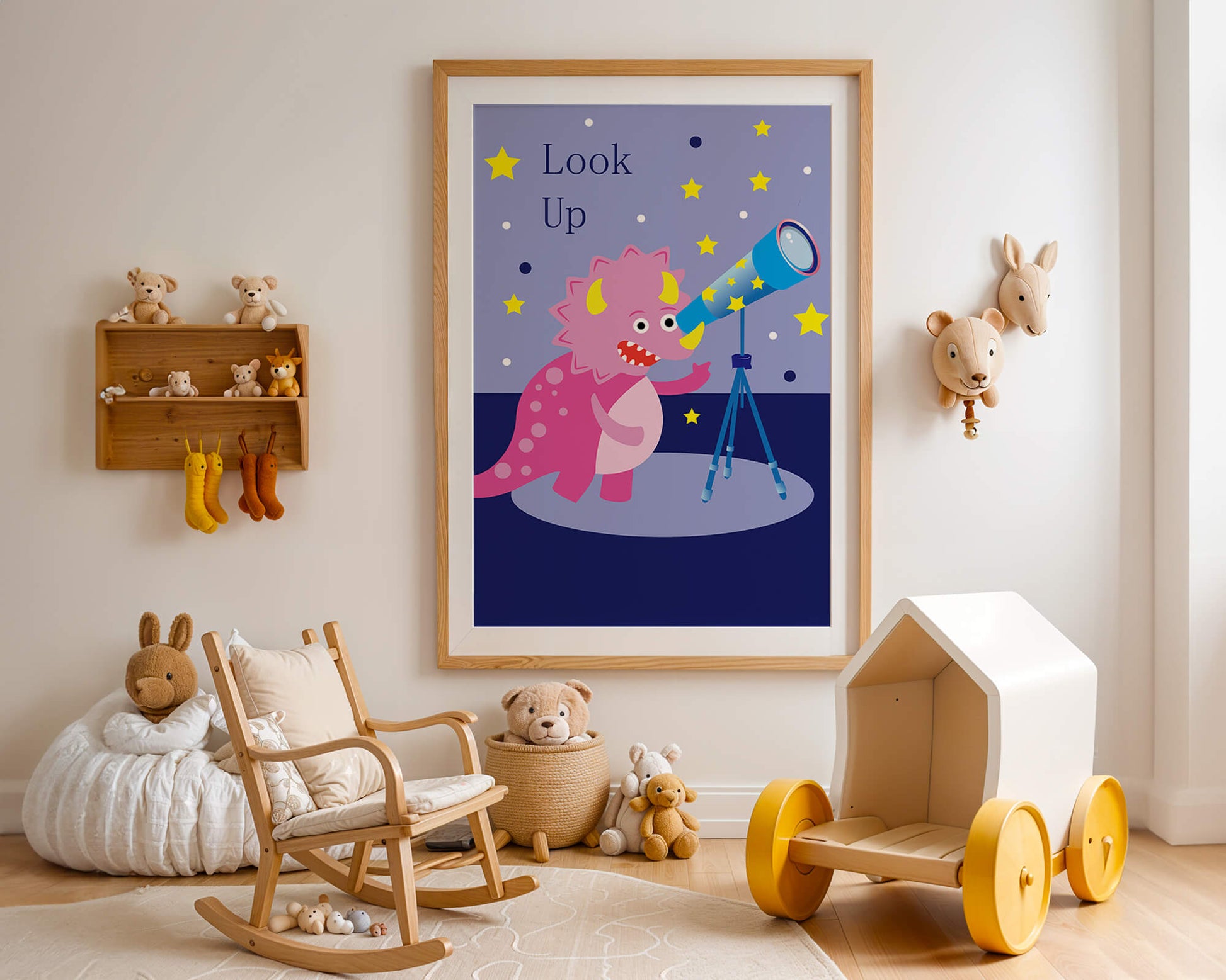 Pink cartoon dinosaur looking through a telescope with stars