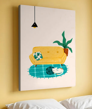 Cozy Living Room with Yellow Sofa and Sleeping Cat