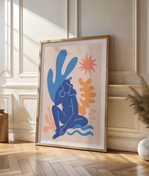 Abstract Illustration of a Blue Silhouette Woman with Organic Shapes