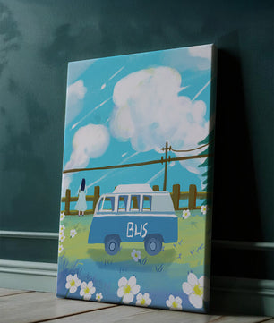 Ilustración escénica con autobús azul y prado en flor