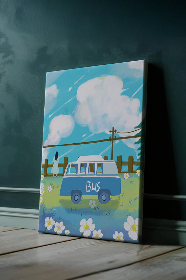 Ilustración escénica con autobús azul y prado en flor