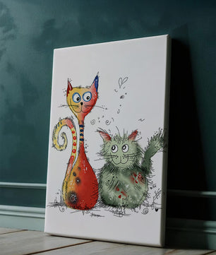 Ilustración artística colorida de dos gatos juguetones sobre fondo blanco
