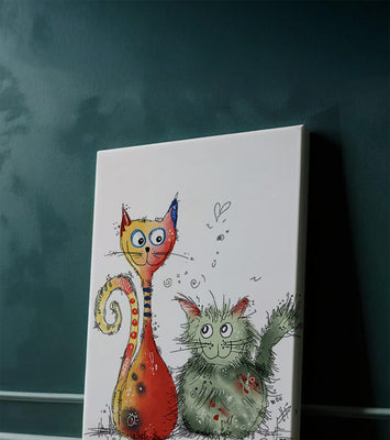 Colorful Artistic Illustration of Two Playful Cats on White Background