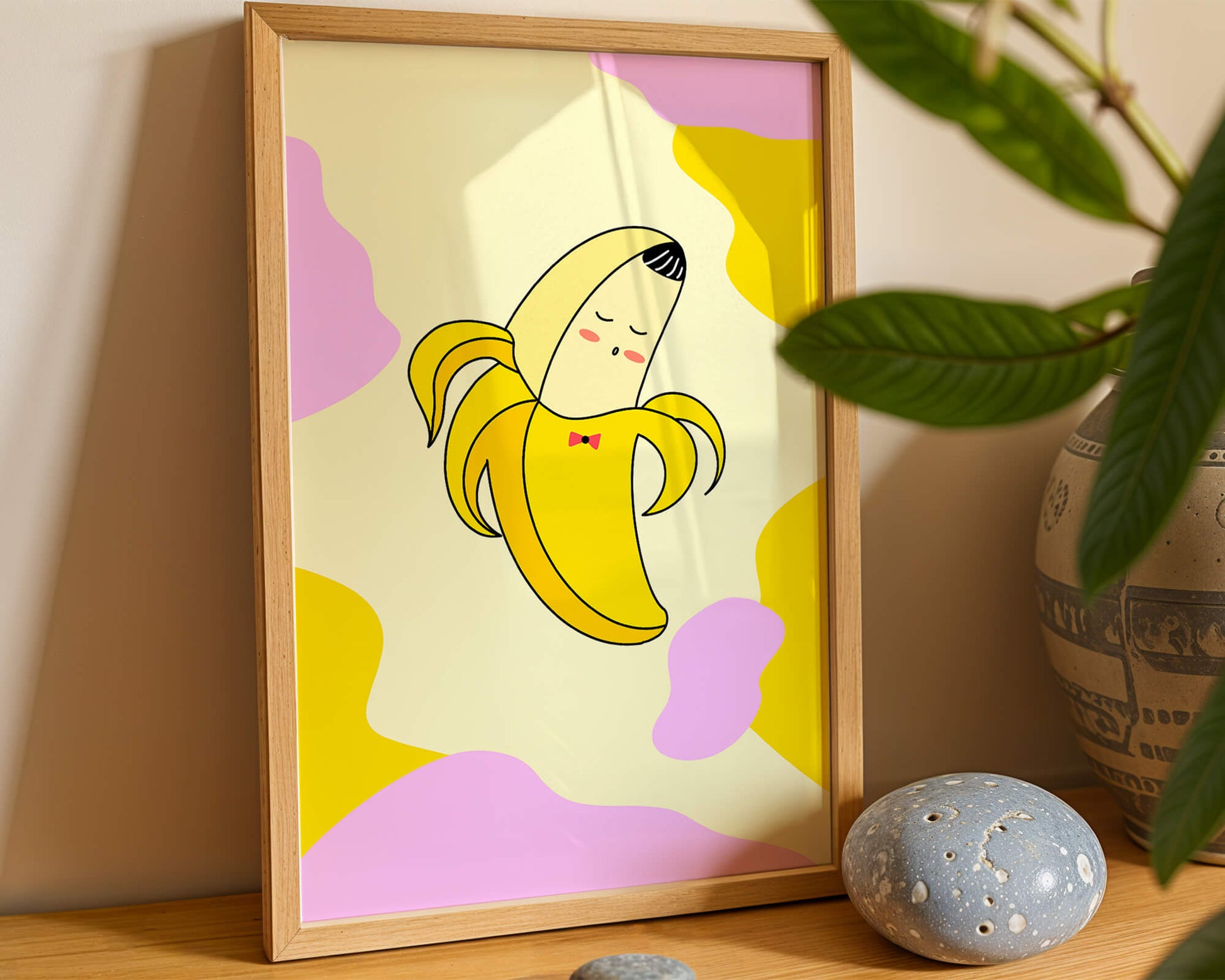 Quirky animated banana with bow tie on colorful abstract background