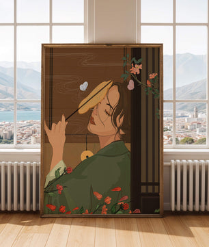 Serene woman with fan surrounded by flowers