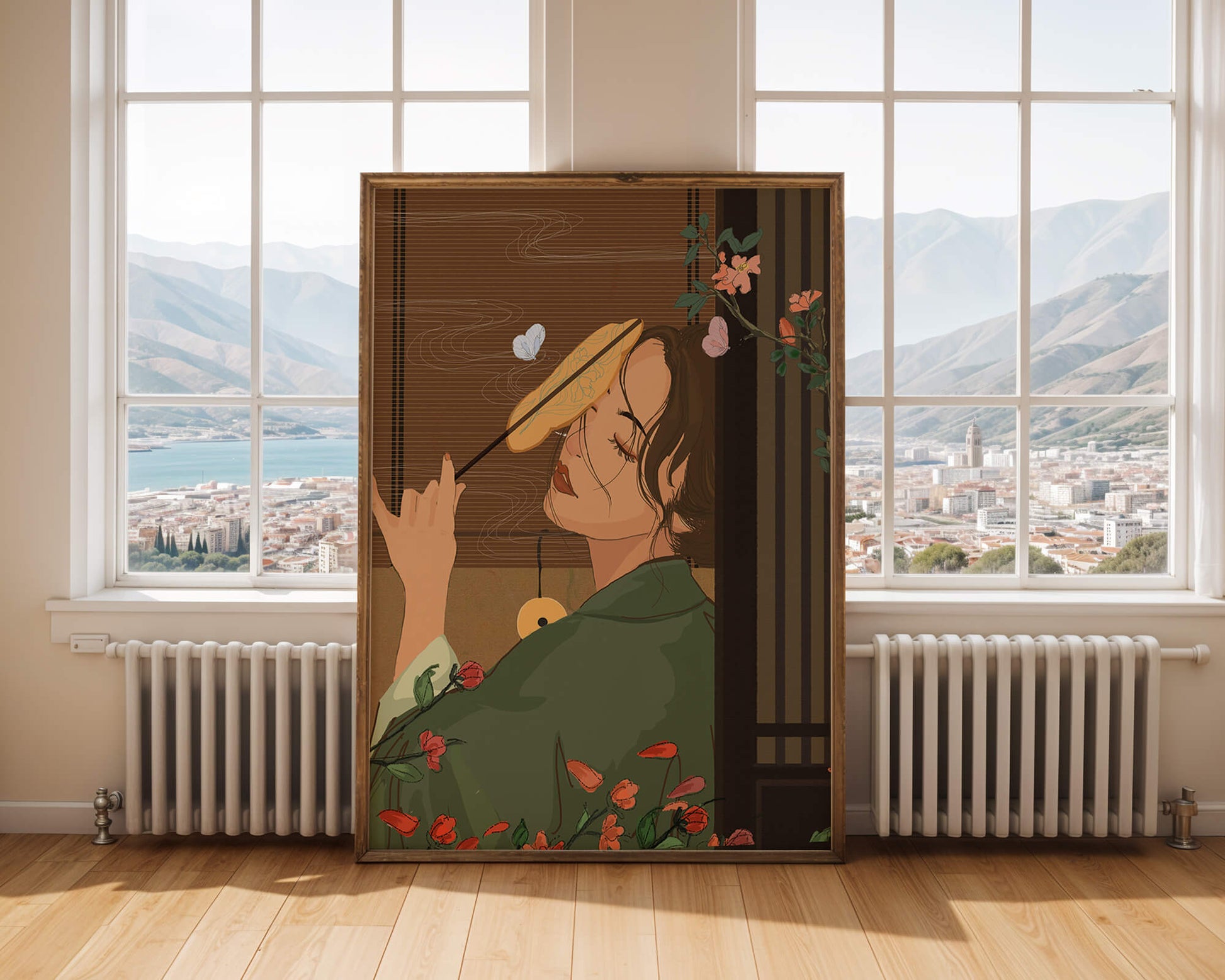 Serene woman with fan surrounded by flowers