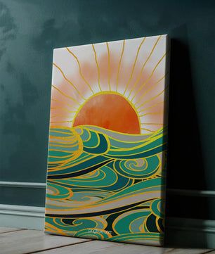 Sunrise over stylized ocean waves with gold accents