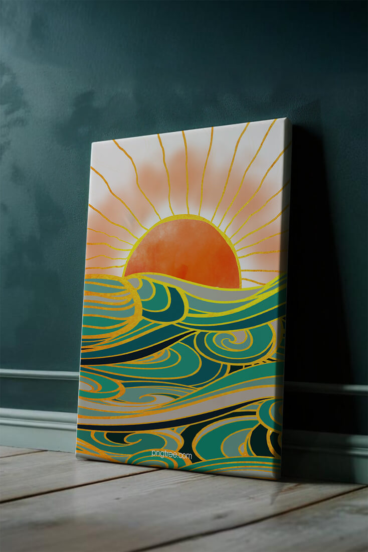Sunrise over stylized ocean waves with gold accents