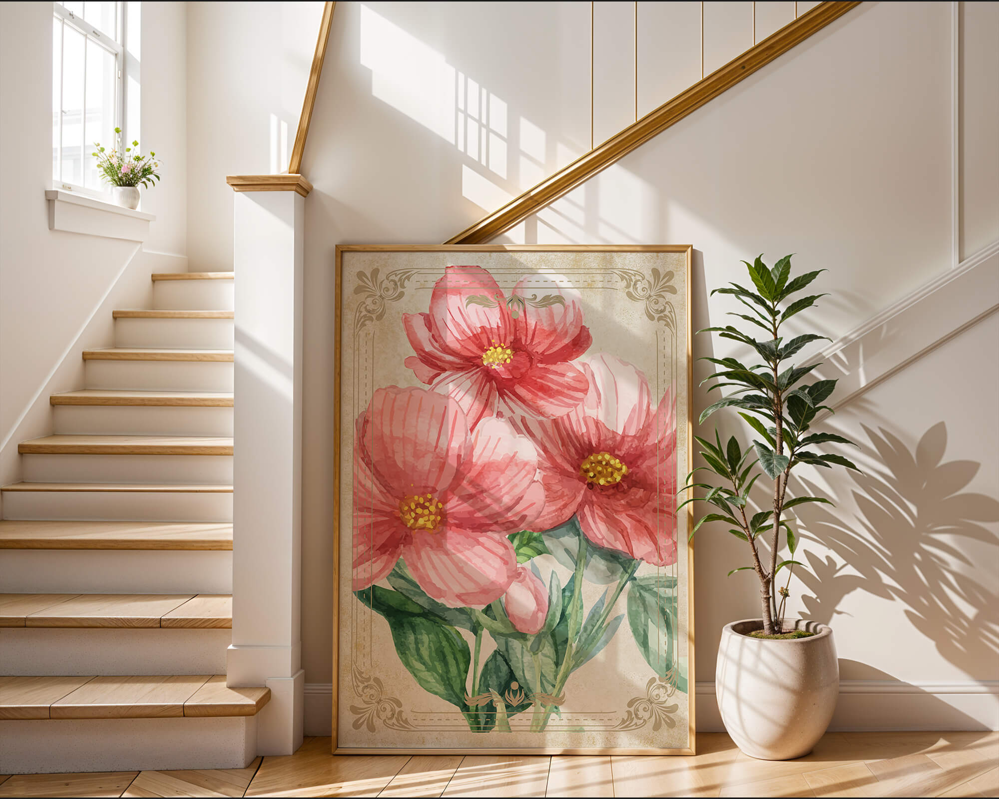 Watercolor floral illustration with pink blooms and green foliage