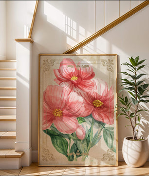 Watercolor floral illustration with pink blooms and green foliage