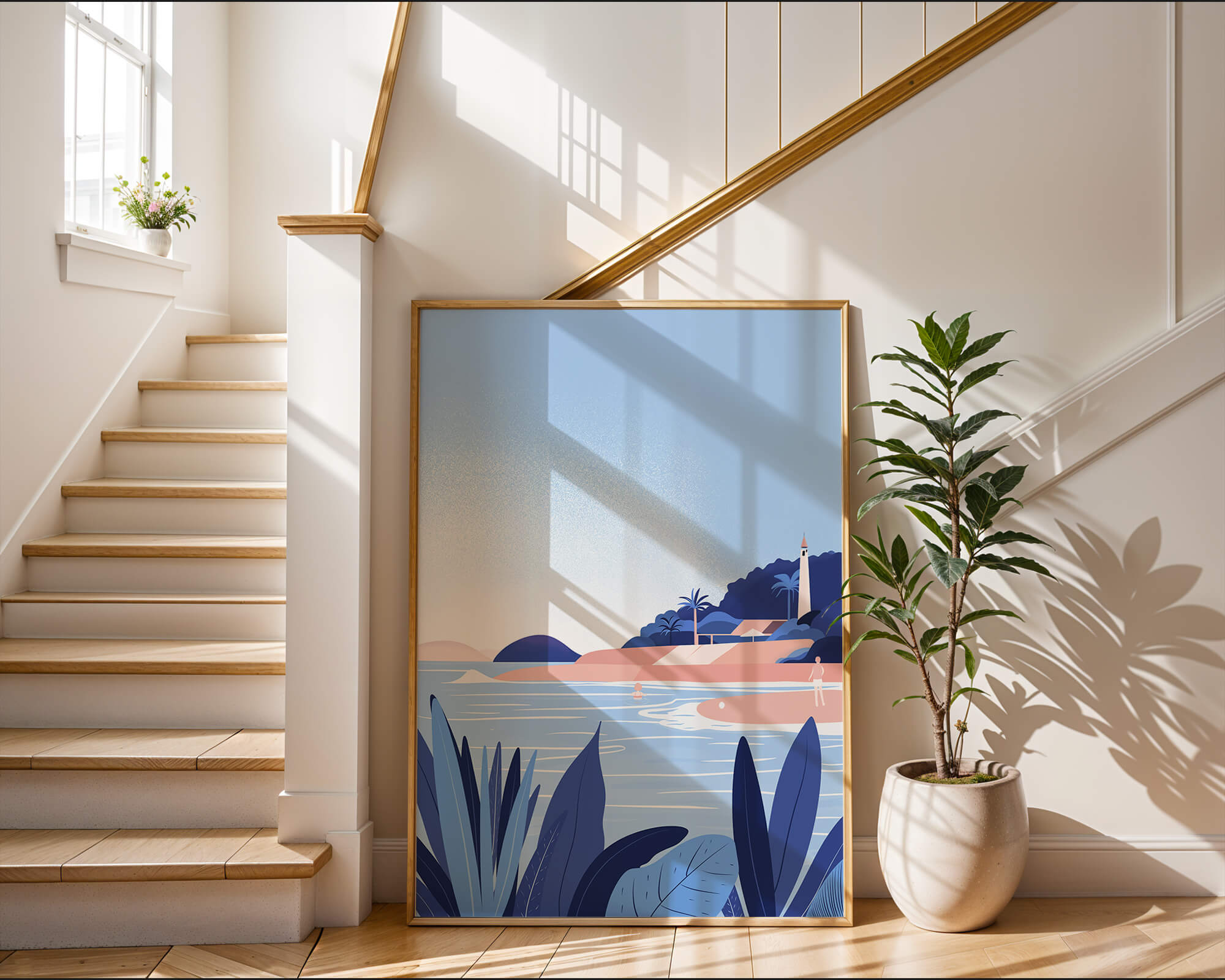 Serene seaside scene with lighthouse and tropical foliage