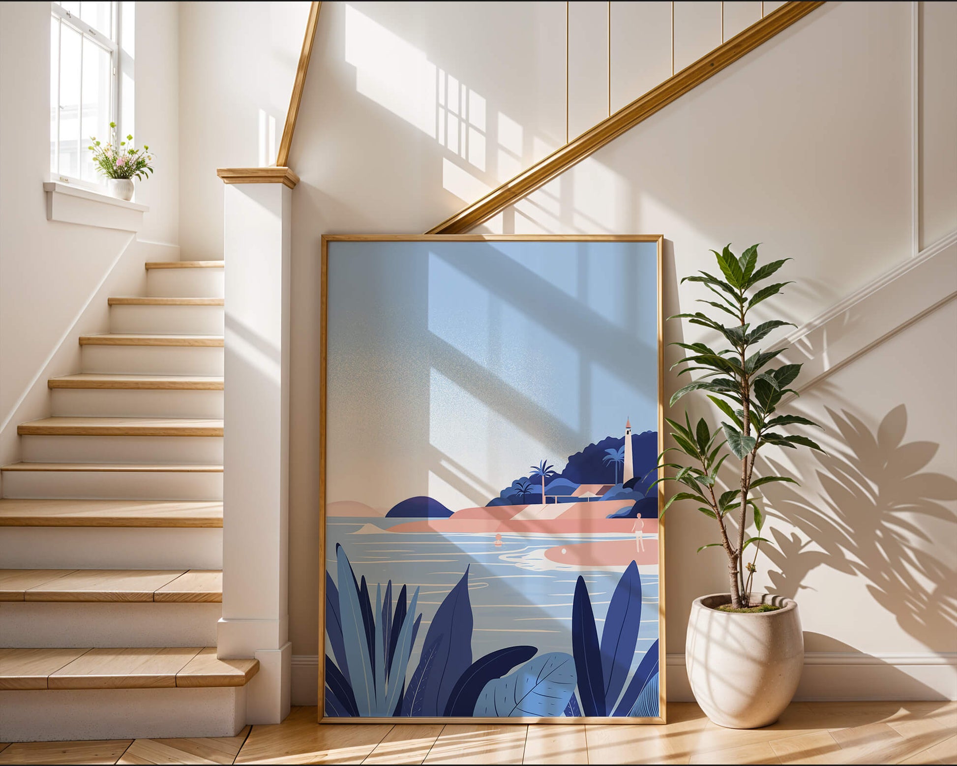 Serene seaside scene with lighthouse and tropical foliage