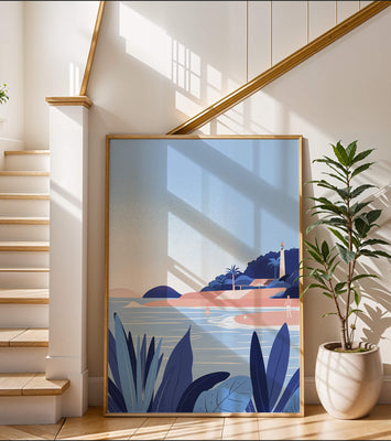 Serene seaside scene with lighthouse and tropical foliage