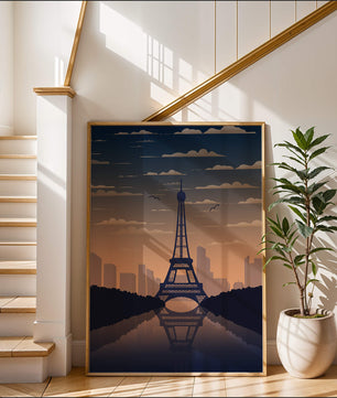 Vista escénica de la Torre Eiffel al anochecer con reflejo del horizonte urbano