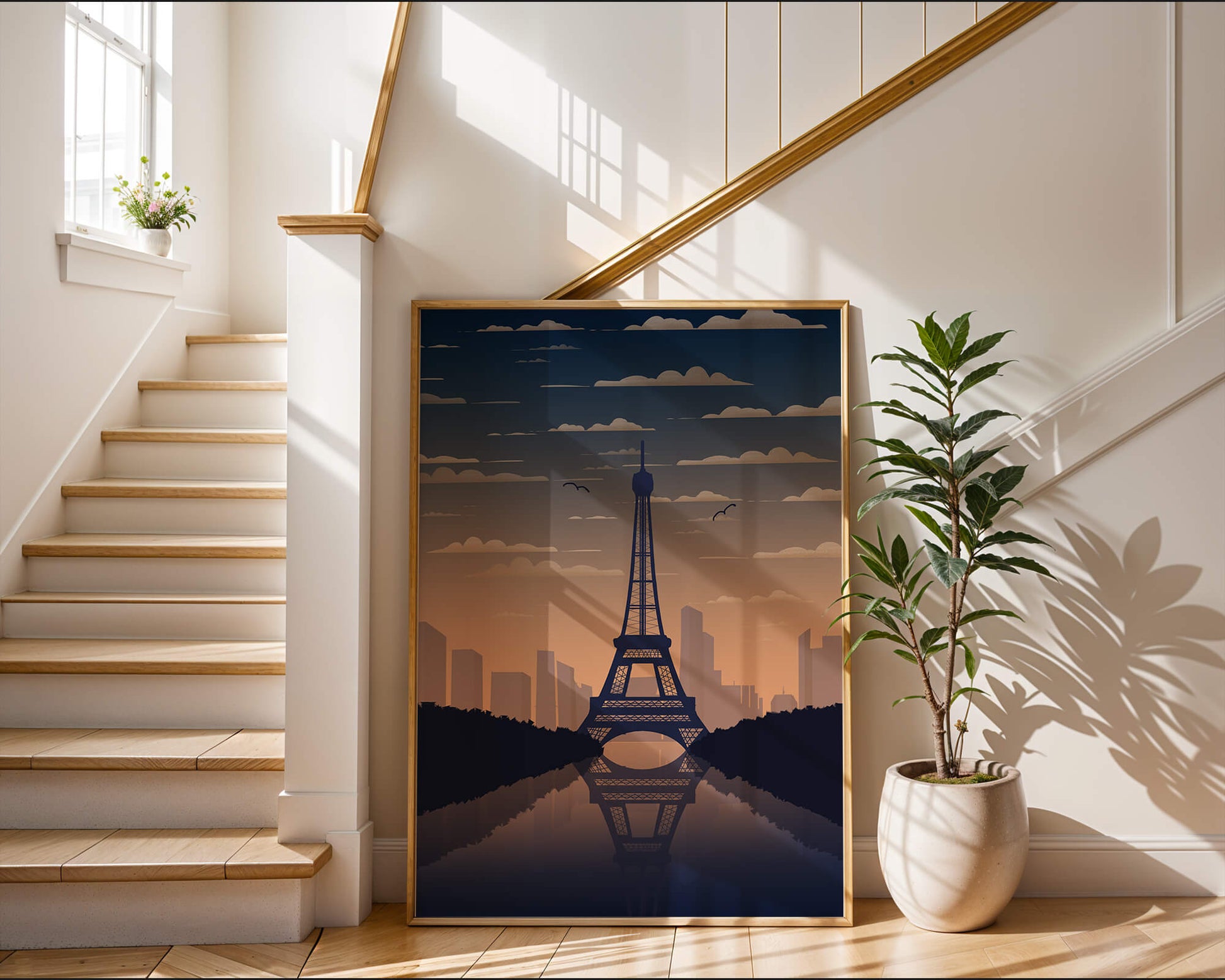 Scenic view of the Eiffel Tower at dusk with city skyline reflection