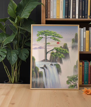Serene landscape with flowing waterfall and sunrise