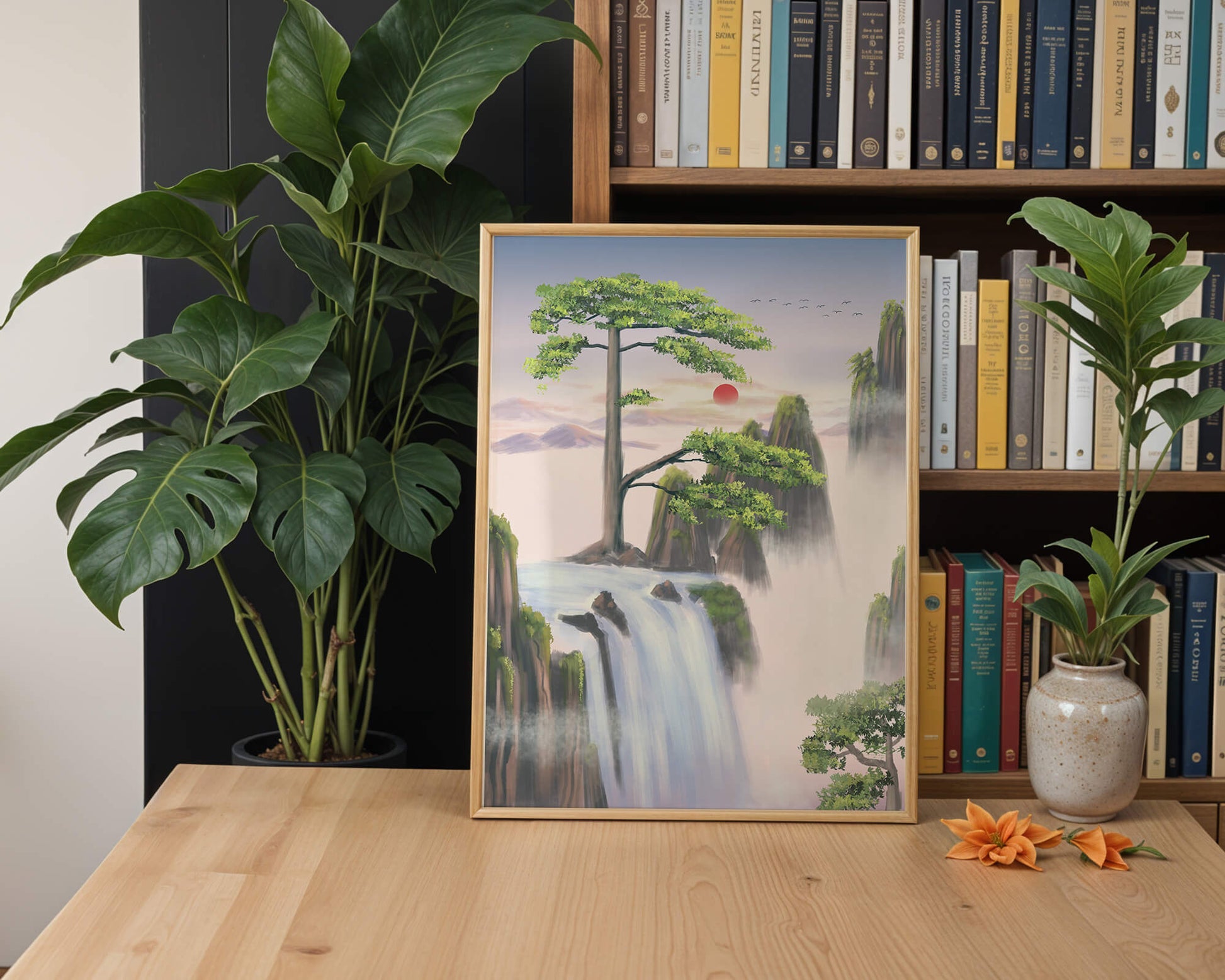 Serene landscape with flowing waterfall and sunrise