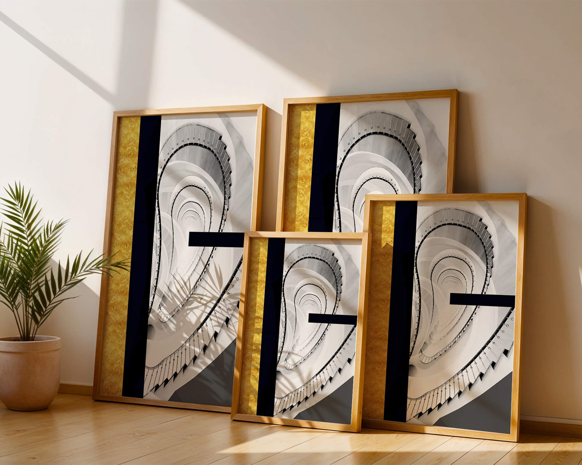 Abstract spiral staircase with a gold accent design