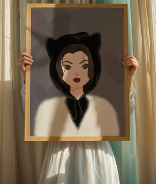 Illustration of a woman in a cat hoodie on a soft gray background