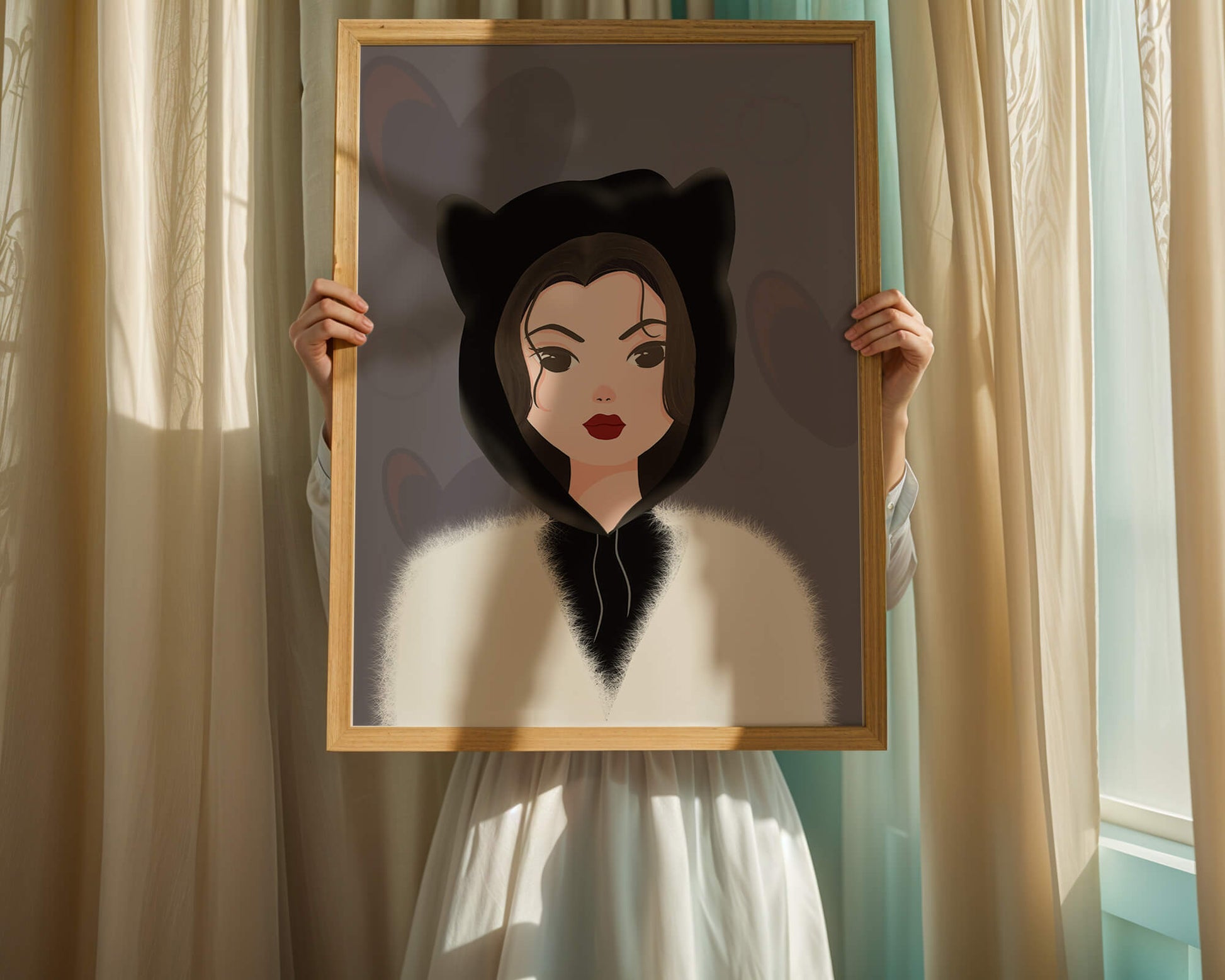 Illustration of a woman in a cat hoodie on a soft gray background