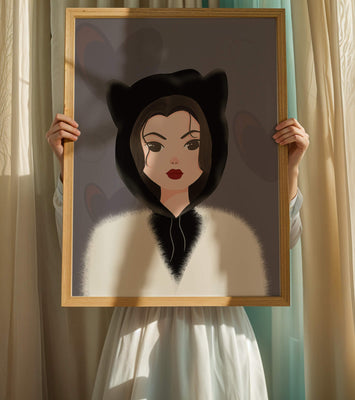 Illustration of a woman in a cat hoodie on a soft gray background